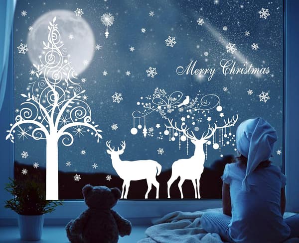 Large White Christmas Tree Reindeer Door Window Stickers