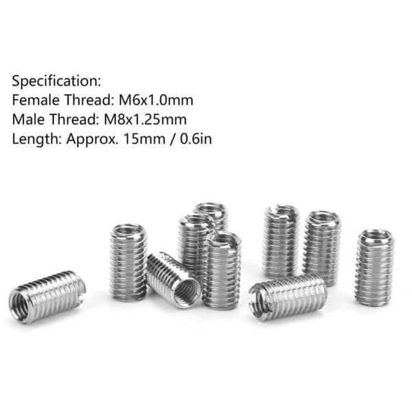 10 pcs Internal M6 1.0 External M8 1.25 Length 15 mm Threaded Inserts with Slot
