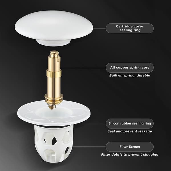 2-delt universel pop-up vaskprop med anti-tilstopningsfilter, anti-blokeringsfilter, badekarprop, hvid