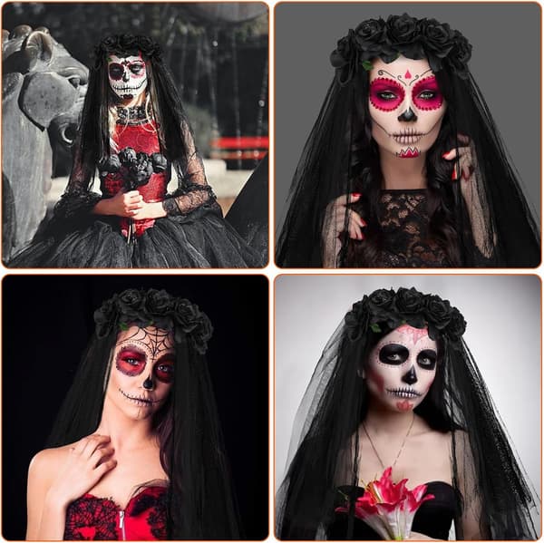 1PC Sort Dia de los Muertos Hårbånd, Halloween Gotisk Hårpynt Rose