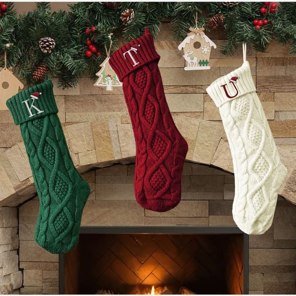 Personalized Embroidered Christmas Stocking - Knitted M Letter Pattern Christmas Decoration
