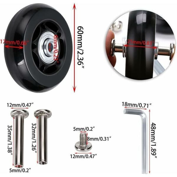 2 erstatningshjul til kuffert med leje 60 x 18 mm, sorte.