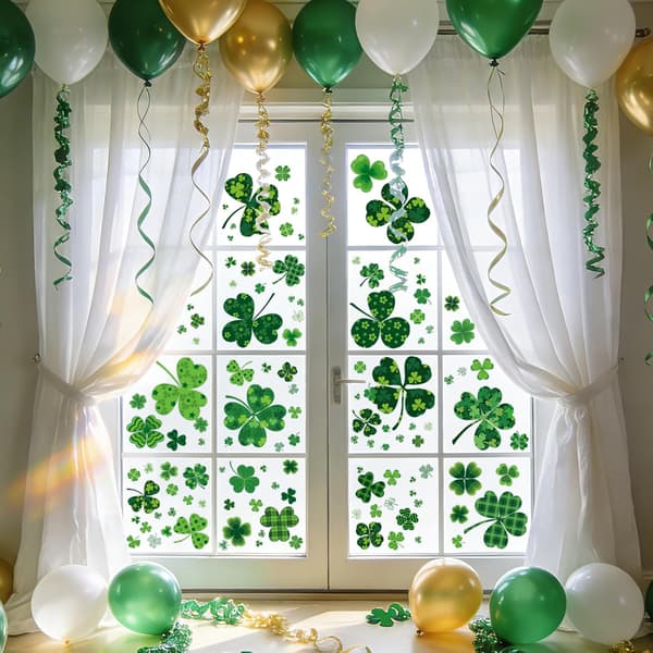 St Patricks Day Window Decals, Reusable Double-Sided Clover Stickers for Glass, Spring Home Office (117 pcs)