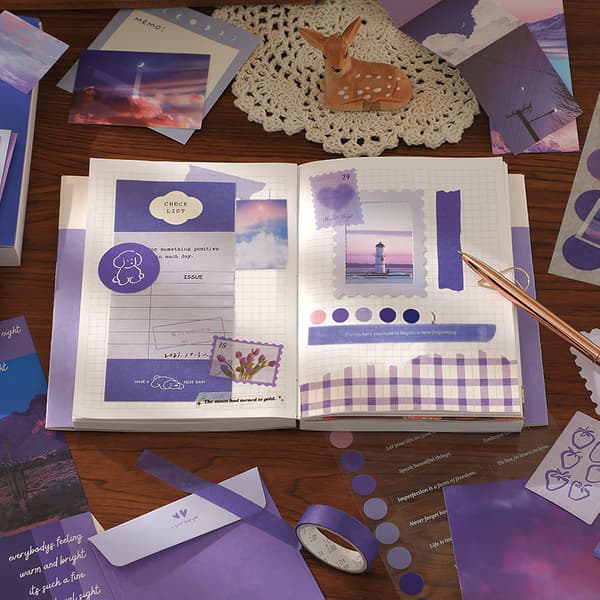 351-delt Scrapbooking-tilbehørssæt, lilla æstetisk Bullet Journal Scrapbook-sæt med A6-gitter N