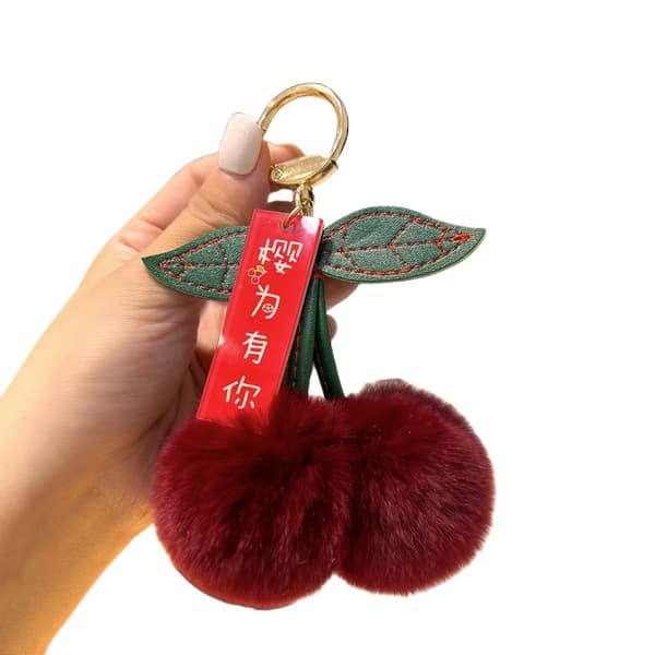 1 stk. fluffy kirsebærnøglering, fluffy plyschnøglering, anti-tabt nøglering