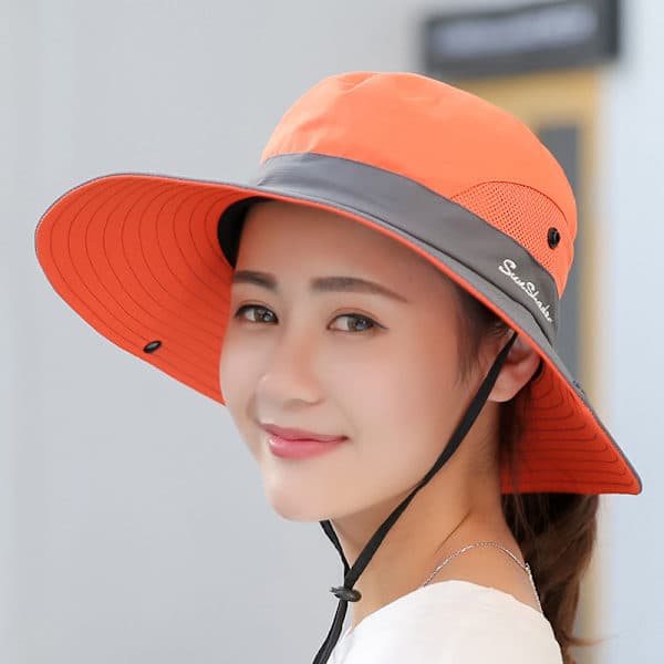 Solhat med UV-beskyttelse, sammenfoldelig, med hestehalehul, mesh, strandhat