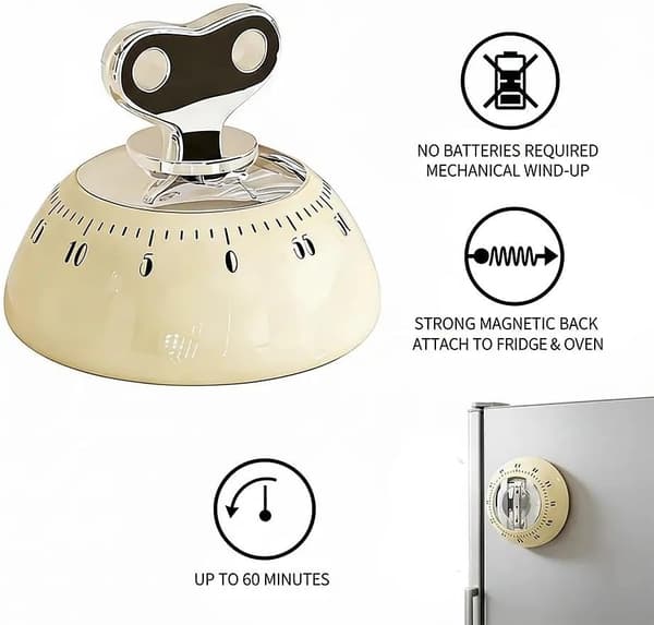 Retro Magnetisk Mekanisk 60-minuters Uppdragbar Timer, inga batterier. Högljudd alarm bärbar ABS-timer för matlagning, bakning, klassrum (Vit)