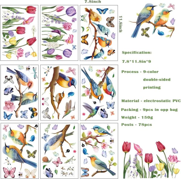 Anti-collision Window Decals, 78 Pieces (Butterflies, Birds, Tulips) for Spring and Summer