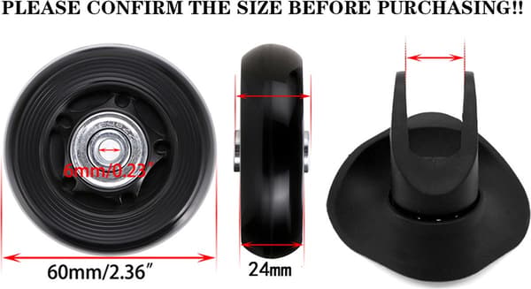 60mm x 24mm (2-piece) Replacement Wheel Set for Suitcase, Universal Rubber Wheels, Wheel Bearing Tool, Luggage Replacement Wheels