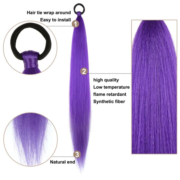 2-pakke lilla hestehaleforlengelse med elastisk knyting, rett, elegant omslagsflette, hestehale 26 tommer (lilla#)