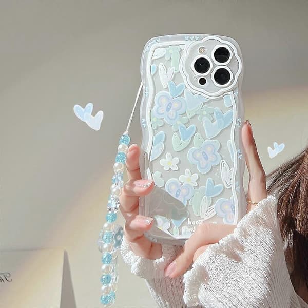 For iPhone 13 Pro Max Transparent TPU Mobile Phone Case Heart Shape Butterfly Pattern Mobile Phone Shell with Pearl Chain