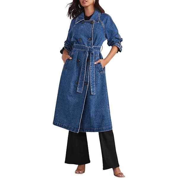 Vintage Lang Dongerijakke for Kvinner, Oversized Passform, Dobbeltspent Dongerijakke, Belte Trenchcoat Blå Blå Medium Medium
