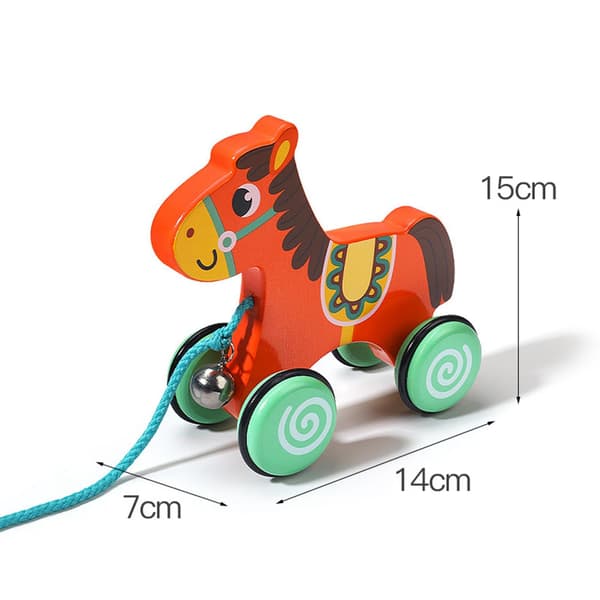 DYNWAVE Push and Pull Toy Wooden Animal Walking Educational Activity Toy Sensory Bell Bidirectional Movement Rounded Edges Suitable, Horse