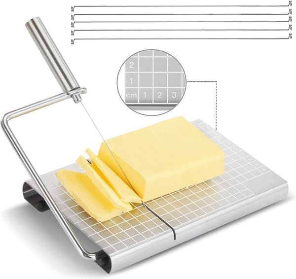 Cheese Slicer with Stainless Steel Frame, Cutting Board with Grid, and 5 Replacement Wires for Cheese Blocks and Home Kitchen
