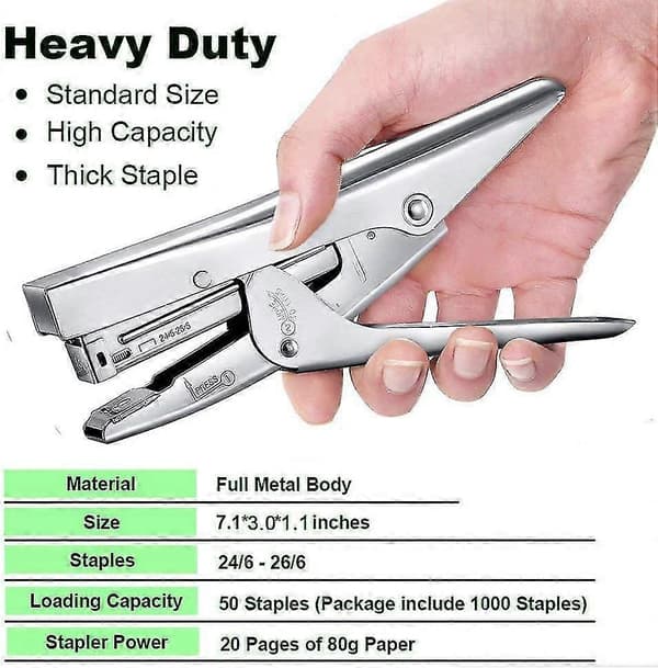 Plier Stapler Heavy Duty Office Stapler Handheld 20-Sheet Stapler Paper Stapling Machine with 2000 Staples, Silver