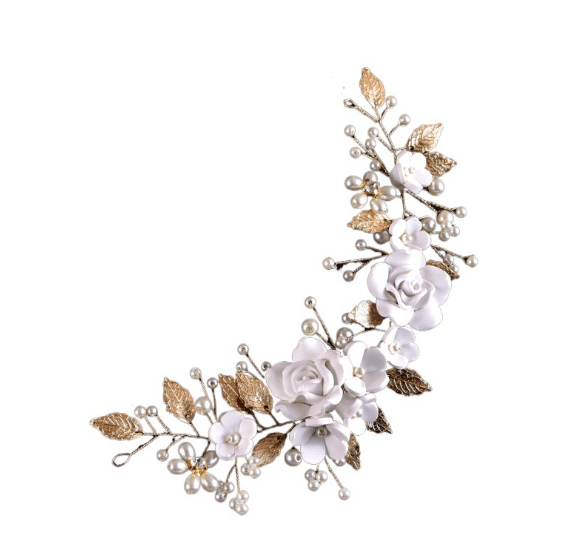 Gyllen, hårranke bryllupsblomstermønster med perler, brudehodebånd