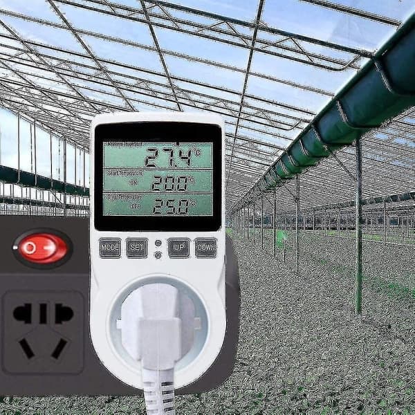 Digital termostat med LCD-display, 230V til drivhus & terrarium (kompatibel med stikkontakt)[JUN]