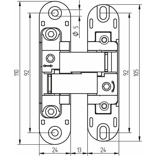 Invisible hinge for heavy doors - Set of 2 (load 40 kg, opening 1