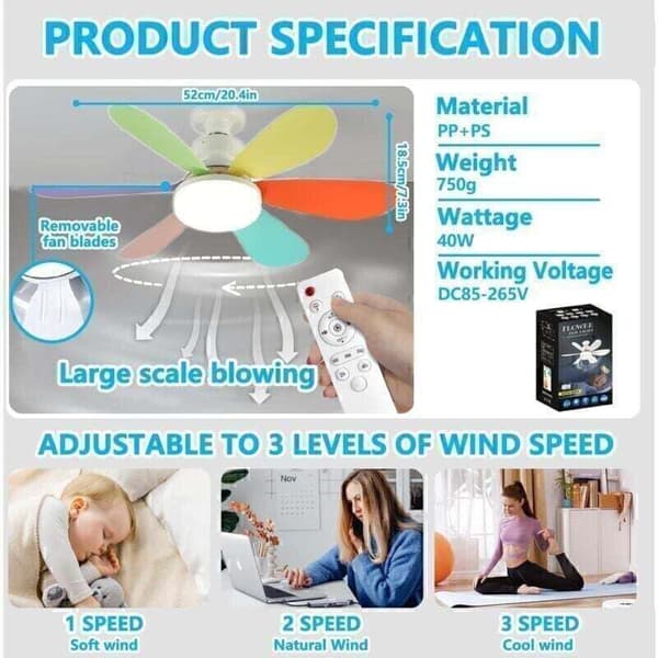 Odipie – Lydløs loftventilator med dæmpbar LED-belysning – 6 blade – 3 hastigheder – 40W E27 – Til stue og soveværelse