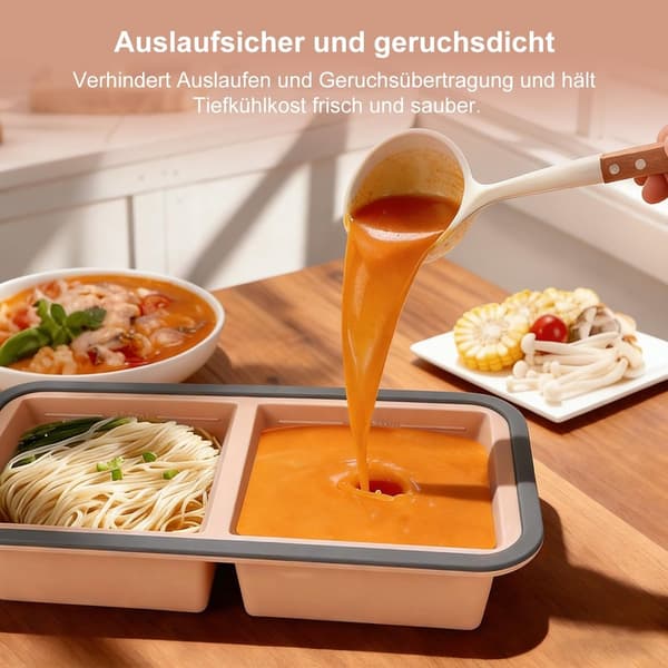 Silicone Freezer Storage Containers with Leak-Proof Lids, 2-Pack, 1000ml, 2 Compartments, for Soup, Sauce, and Meal Prep, Salmon Pink