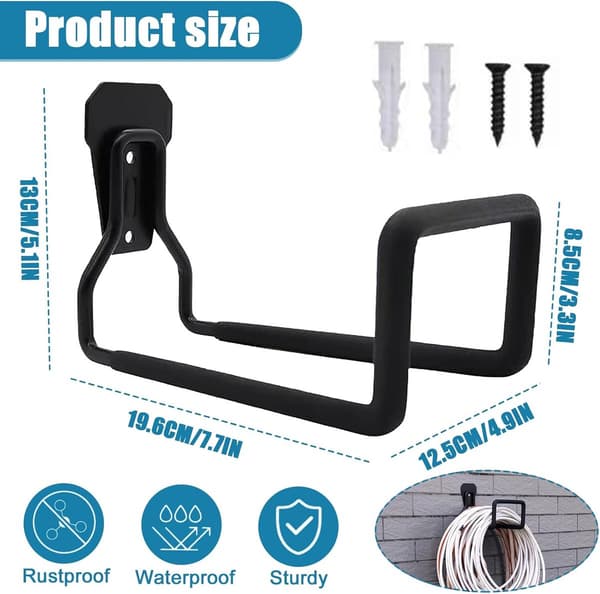 Garage Hooks - Wall Mounted Tool Holder, Garden Hose Holder - Heavy Duty Metal - for Shovels, Bikes, Tools - Black