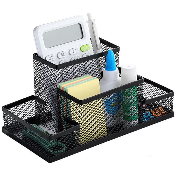 Multifunctional Metal Desk Organizer, Pen Holder with Mesh Sliding Drawer, Office Supplies Storage Box for Home Office (Blue)