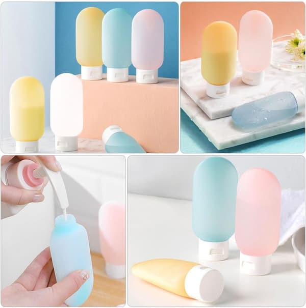 Silikonreseflaskor Set om 3 – 60 ml tomma lotion-schampo-klämflaskor med snäpplock, bärbara påfyllningsbara toalettbehållare för resor