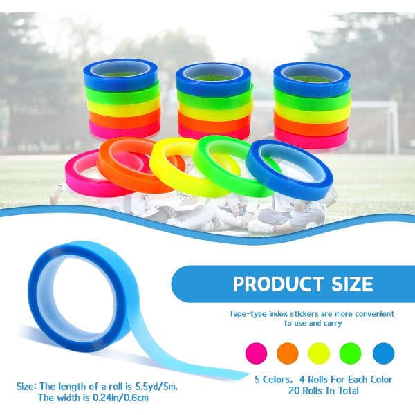 CDQ 20 Rolls Transparent Writable Overlay Tape Sticky Notes 5 Bright Colors Book Tabs 0.6 cm × 5 m