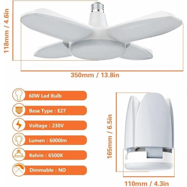 (pow yeah!) LED Garage Lighting, 60W E27 6500K 6000Lm Workshop Lamp, LED Ceiling Light for Garage, Warehouse, Workshop, Basement, Gym, Kitchen (1 pc)