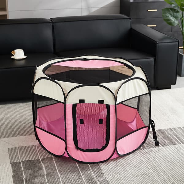 Hopfällbart husdjurstält 8 paneler nätvalphage hundkoja - L 114x114x58cm - Rosa