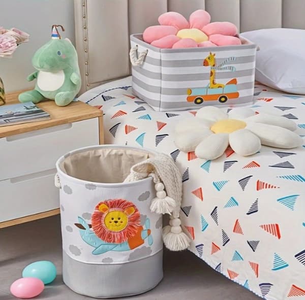 Toy Storage Basket for Kids with 3D Lion, Foldable Cotton Canvas Laundry Hamper with Drawstring and Handles for Nursery, 35x40 cm