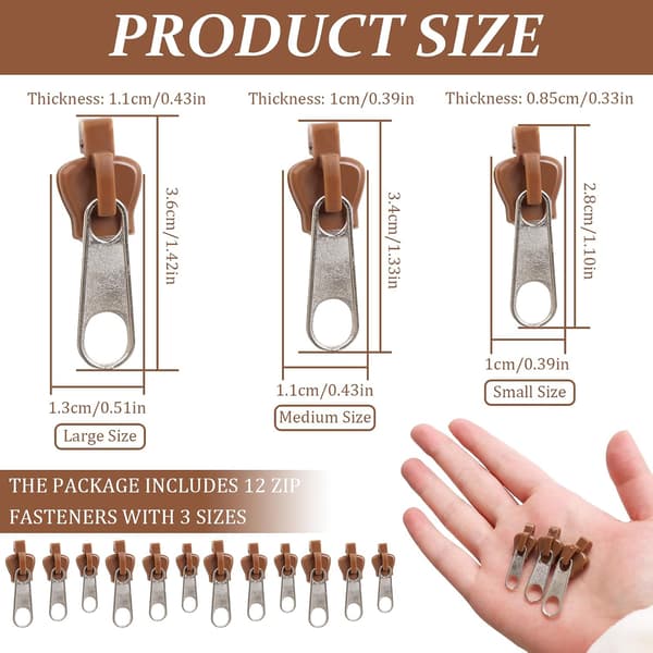 (Brun) 12 stk. Clip-on glidelåsglider, punwey Instant Replacement Z