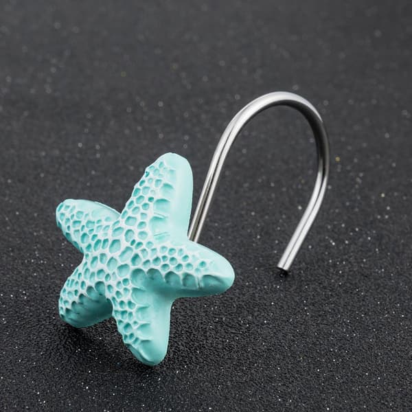 Decorative Resin Blue Starfish Shower Ring, Rust-Resistant Shower Curtain Hooks, Iron Hooks with Chrome Plating, 12-Pack (Blue Starfish)
