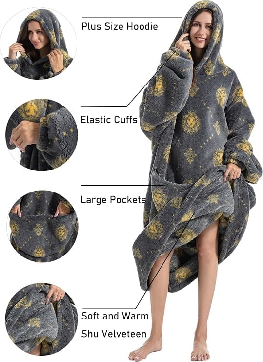 Ekstra lang overdimensjonert hettegenser-pledd, myk fleece-pledd for voksne kvinner, fluffy stor hettegenser for tenåringer