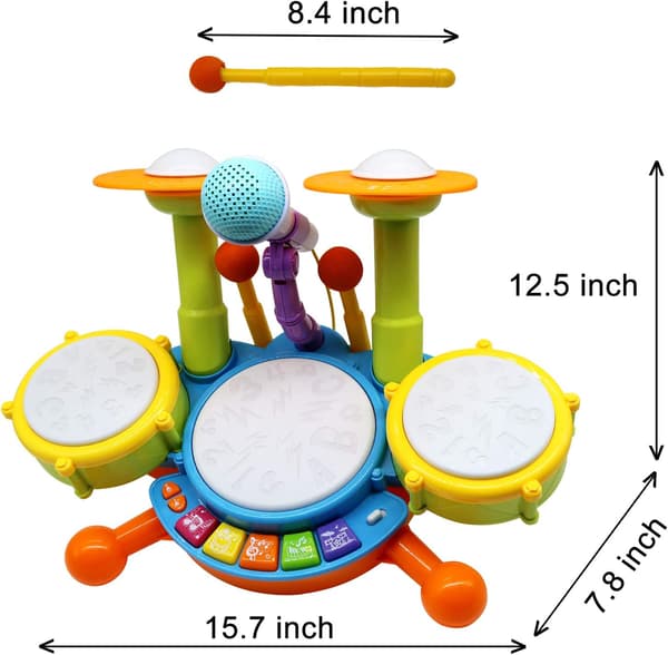 Kids Drum Set with 2 Drumsticks and Microphone, Musical Toys for Toddlers
