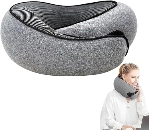 Memory Foam Neck Pillow for Airplanes - 360° Adjustable Neck Angle, Includes Eye Mask and Earplugs (Light Gray)