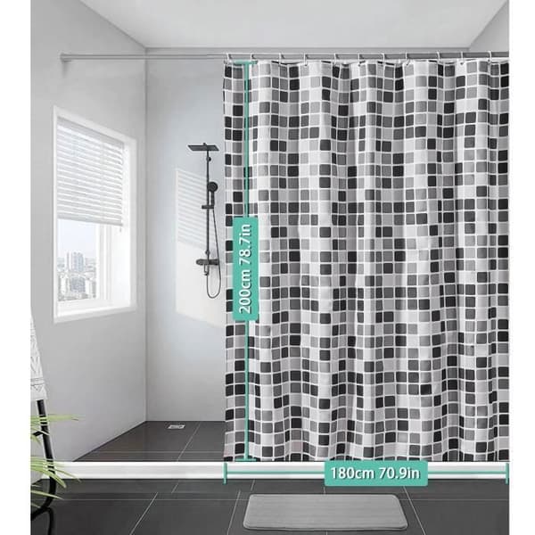 Waterproof Shower Curtain 180x200 cm, Washable with 12 Hooks, Polyester Fabric, Black and White Geometric Pattern, Grey