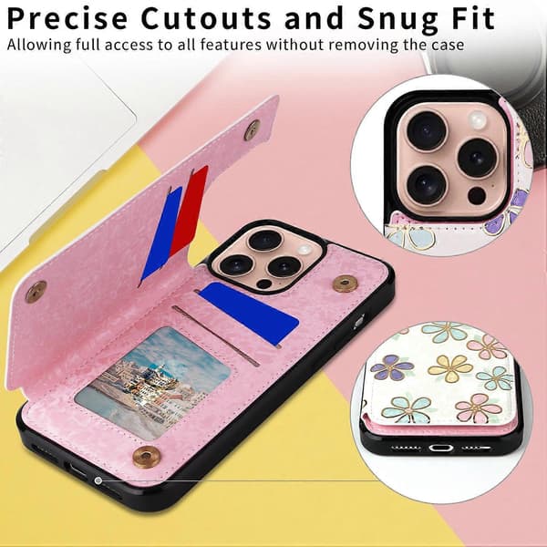 For iPhone 16 Pro Case Flower Leather+TPU RFID Blocking Card Slot Phone Case