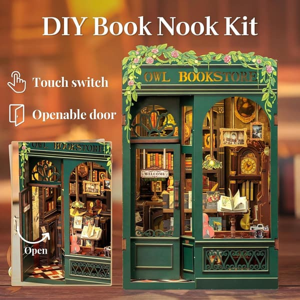 DIY Boghjørne Kit - Miniature Træhus med Møbler og LED-Lys - UGGLE Boghandel