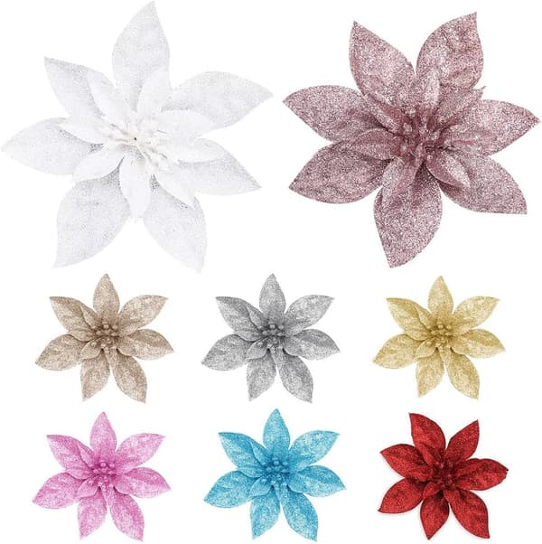 (Rød, 15CM) 10 stk. glitterjuleblomster med kunstige julestjerner