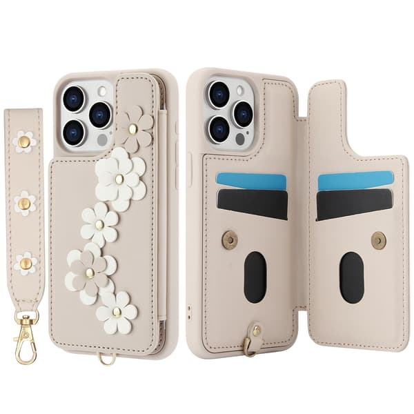 iPhone 16 Pro Max Pung Etui med Kortholder & Rem, Blomsterdesign [JUN]
