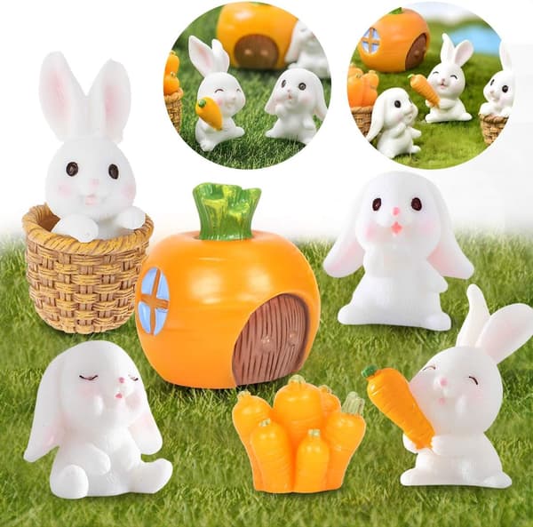 Kaninpynt, 7 stk. mini kaninfigur, påskehare gulerod