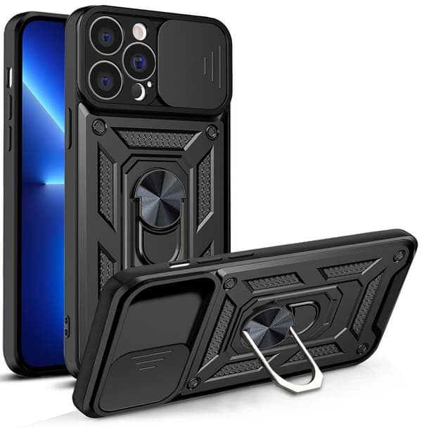 Sort iPhone 13 Pro Max-etui med glidende kamerabeskyttelse og stativ, indbygget 360° roterende ringholder magnetisk etui