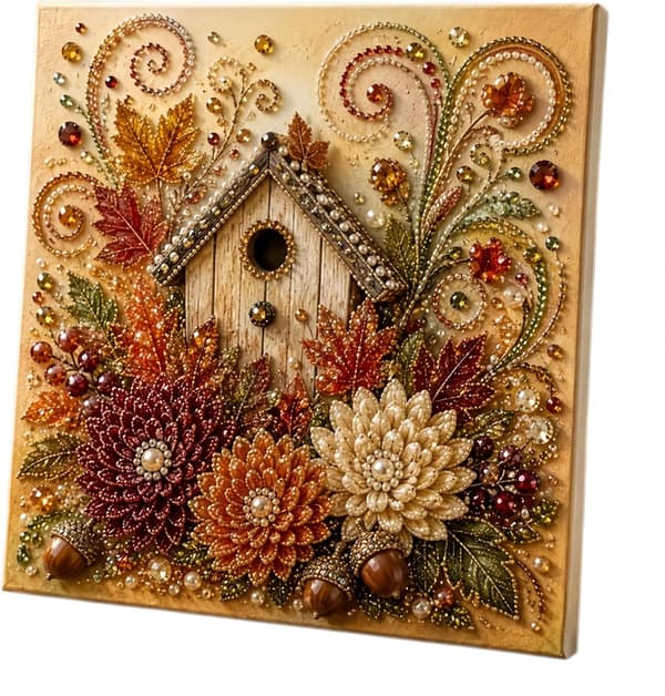 12\" Høstperlemalingssett, 5D Perlemalingshåndverk, DIY Høstdekorasjon Høstfuglehusdekor Autumn Birdhouse Decor
