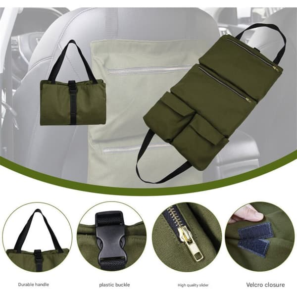 Tool Roll, Multifunctional Canvas Tool Roll, Wrench Roll, Roll-Up Tool Organizer with 2 Zipper Pockets, Car Tool Organizer