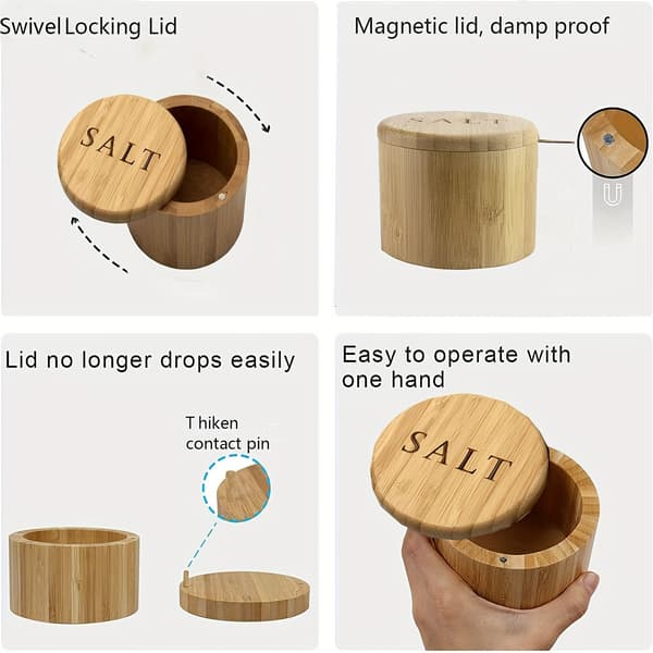 Salt Cellar with Spoon, Magnetic Swivel Lid, Kitchen Salt Shaker, Spice Container, Dining Table Gift