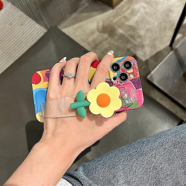 Trykt telefondeksel til iPhone 13 Pro Max, blomstermønstret klart håndleddsstropp TPU-deksel med skulderrem