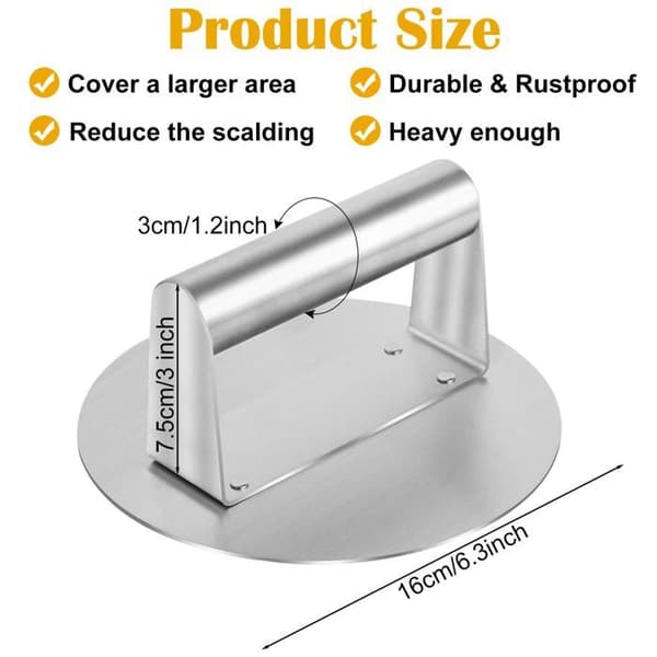 Hamburgerpress i rustfrit stål, 16 cm (6 tommer) rund Smash Burger Press, professionel hamburgerpress