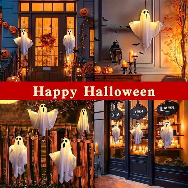 Halloween Ghost Lights 3-pack - Hanging Decorations with Adjustable Arms for Indoor and Outdoor Use White White
