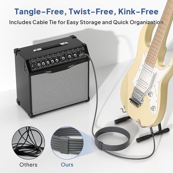 1/4 tum TRS instrumentgitarrkabel 3m 2-pack, rak 6,35 mm gitarrbasförstärkarkabel, 6,3 mm hane stereoljud balanserad linje för
